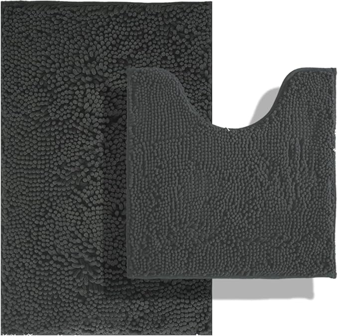 BOANKODU 2-Piece Bath Set, Soft Chenille Bath Mat & U-Shape Rug, Non-Slip, Machine Washable (Grey, 32x20 + 20x20 Inch)