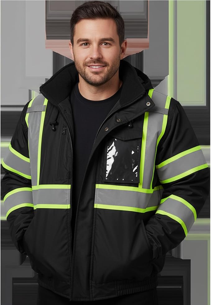 sesafety Reflective Jacket for Men, High Visibility Jackets, Safety Jackets for Men, Hi Vis Construction Bomber Jackets Waterproof with Pockets and Zipper, Black Bottom, Class 3