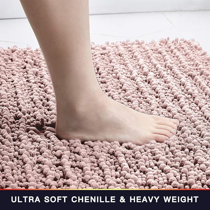 Walensee Bathroom Rug Non Slip Bath Mat (24x17 Inch Dusty Pink) Water Absorbent Super Soft Shaggy Chenille Machine Washable Dry Extra Thick Perfect Absorbant Best Small Plush Carpet for Shower Floor