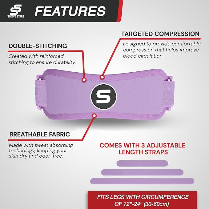 Sleeve Stars Swedish Brand Patellar Tendon Support Strap for Women & Men Effective Osgood Schlatter Knee Brace Youth & Kids Knee Brace with 3 Adjustable Length fits 12"-24" (Single/Light Purple/Adult)