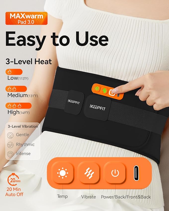 Portable Heating Pad for Back, Cordless Wearable Heat Belt with Massager for Lower Back Pain Relief, Battery Powered 8000 mAh Rechargeable, MAXwarm® 3.0, Gift for Women Men 90-310 lbs