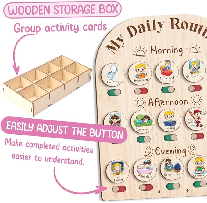 Personalized Wooden Daily Routine with Emotion Wheel, Daily Chore Chart for Kids, Behavior Chart at Home for Toddler, Visual Schedule with Feeling Wheel for Kids Boys Girls