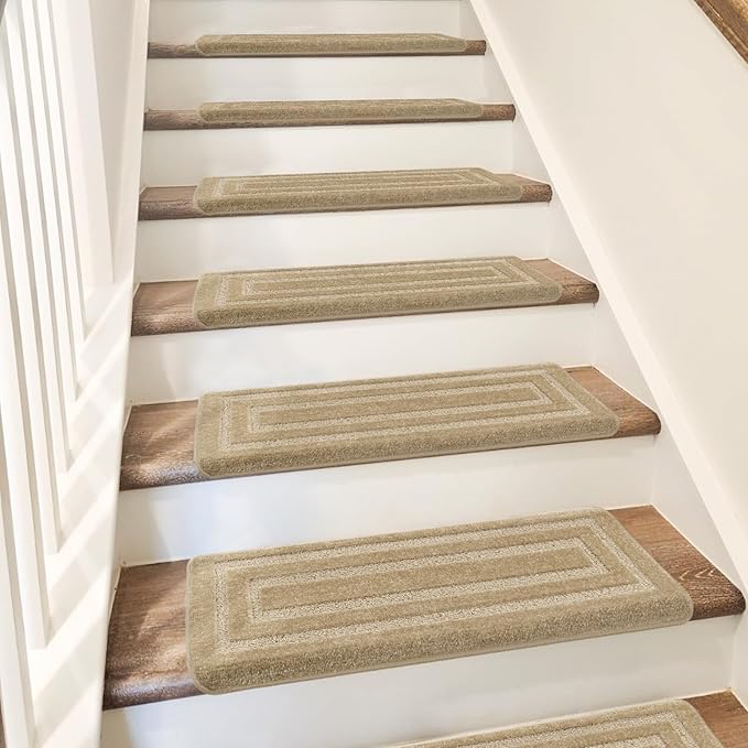 PURE ERA Bullnose Carpet Stair Treads Set Tape Free Non-Slip Indoor Stair Protectors Pet Friendly Rugs 9.5" x 30"(2 Pieces,Khaki Rectangular)