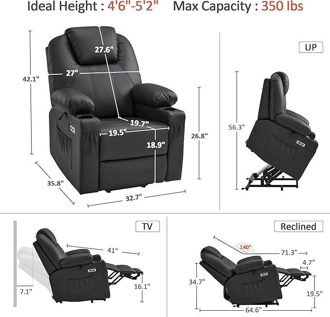 MCombo Power Lift Recliner Chair for Elderly, Lift Chair with Heat and Massage, FSC Certified, USB Ports, Cup Holders, Faux Leather 7141 (Black, Small)