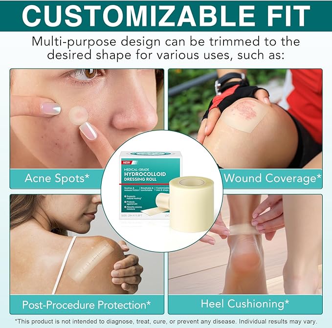 Hydrocolloid Bandages Roll for Wound Care, 5cm*3.6m Hydrocolloid Dressing Roll Cut-to-Size Plasters Supports Natural Healing, Ultra Absorption Waterproof Dressing Tape for Blisters, Acne, Minor Wounds