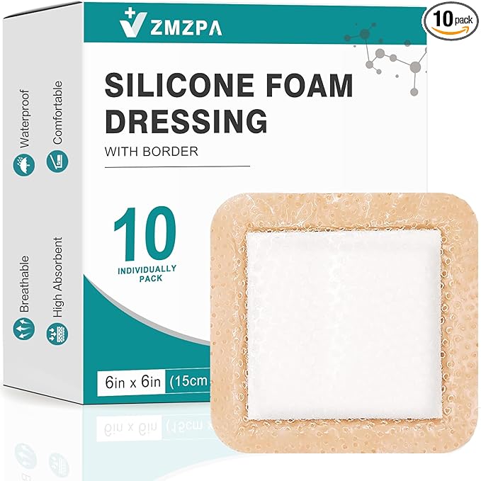 Silicone Foam Dressing 6x6 Gentle Border, Super Absorbent Wound Dressing, Bed Sore Patches, Waterproof Silicone Bandages for Wounds Care, Self Adhesive Pressure Sore Pads (10)
