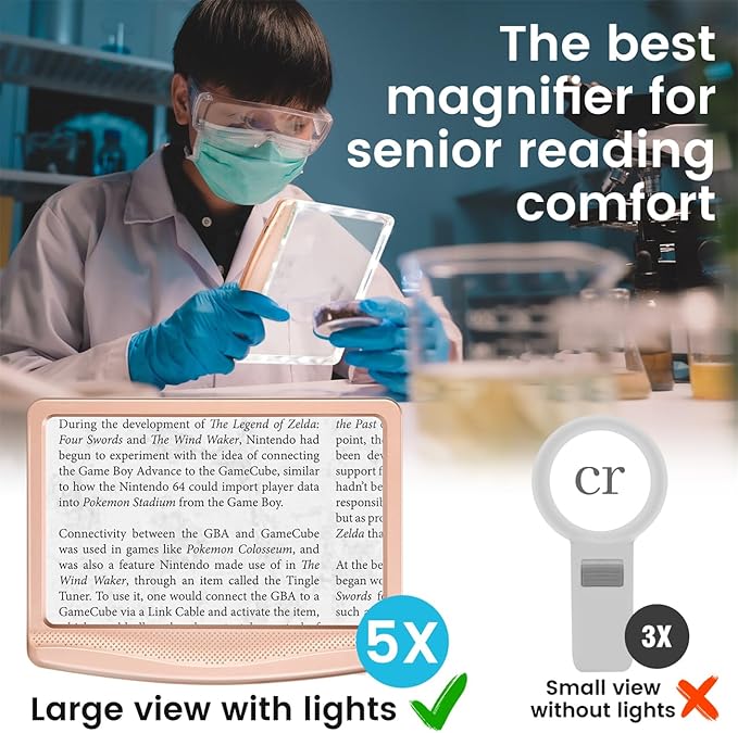Rechargeable 5X Magnifying Glass for Reading, Large Bright Full Page Magnifier with Light, Handheld LED Dimmable Lighted, Lightweight Book Magnifier for Reading Prints Seniors - Rose Gold
