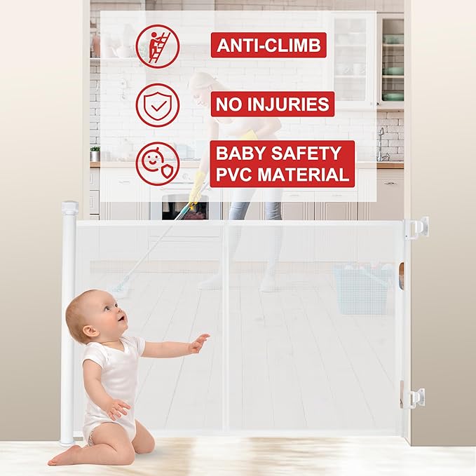 200 inches Extra Wide Retractable Baby Gate, 41.5 inches Tall Mesh Safety Gate for Oversized Openings, Living Rooms, Patios, Child & Pet Barrier for Indoor Outdoor Use, White
