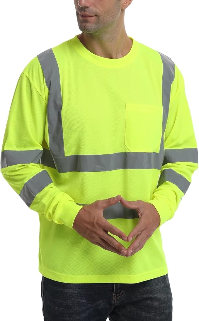 High Visibility Class 3 T Shirts，Hi Vis Safety Shirts with Reflective Strips and Pocket, Long Sleeve Quick Dry Mesh Construction Work Shirt for Men/Women Lime,5XL