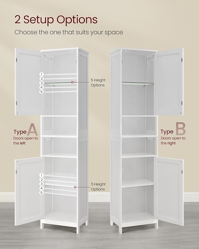 VASAGLE Tall Bathroom Cabinet with Lights, Slim Freestanding Bathroom Storage Cabinet with Adjustable Shelves, for Small Spaces, Modern, 15.7 Inches Wide, Cloud White UBBC766W02