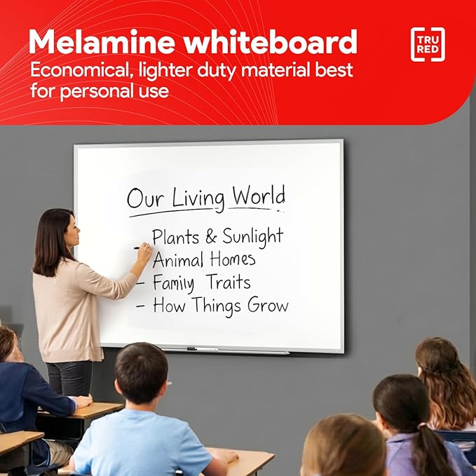TRU RED Melamine Whiteboard | Dry Erase Board for Wall, White Board with Black Aluminum Frame, 4 ft x 3 ft, 1 Black Marker Included