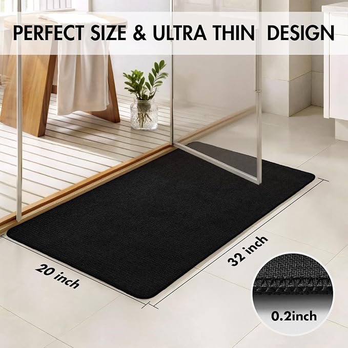 MIULEE Set of 2 Ultra Thin Bathroom Rugs, Rubber Bath Mats for Bathroom Non Slip, Quick Dry Absorbent Bath Rug Machine Washable, Fit Under Door, Shower, Sink, Halloween Home Decor, Black, 20x32 Inch
