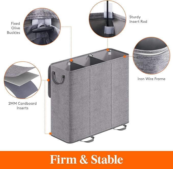 Lifewit Triple Laundry Hamper with Lid and Removable Laundry Bags, Large Collapsible 3 Dividers Dirty Clothes Basket with Handles for Bedroom, Laundry Room, Closet, Bathroom, College, 185L Gray
