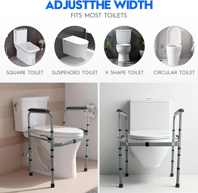 Toilet Safety Rail for Seniors – Adjustable & Foldable Toilet Safety Frame with Padded Handles, Stand Alone Bathroom Safety Rail & Toilet Support for Elderly, Fits Most Toilets, 350 lb Capacity