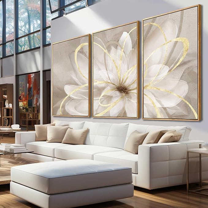 SOUGUAN Living Room Decor White Flower Artwork Gold Canvas Wall Art Abstract Line Painting for Bedroom Kitchen Dining Room Home Wall Decor 26"x40"x 3 Pieces