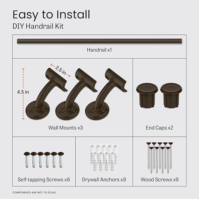 Meranti Aluminum Handrail for Indoor or Outdoor Steps and Stairs – Hand Rails for Elderly – DIY Complete Stair Railing Kit (AHR, Bronze Textured, 7' Length)