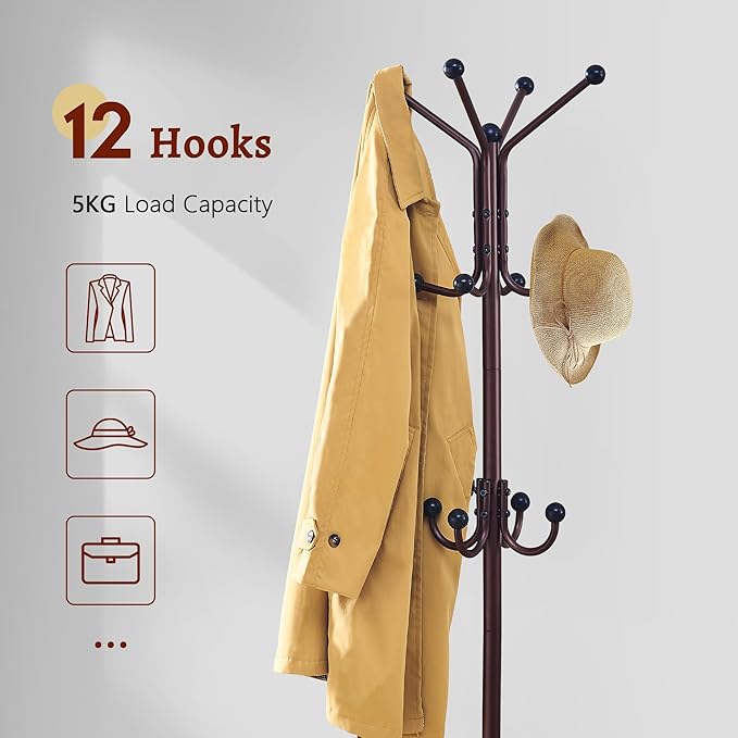 FAVOOSTY Coat Rack Freestanding,Coat Rack Stand with Umbrella Holder,Metal Coat Tree with 12 Hooks,Tree Clothes Hat for Entryway, Hallway, Bedroom, Living Room & Office -Brown