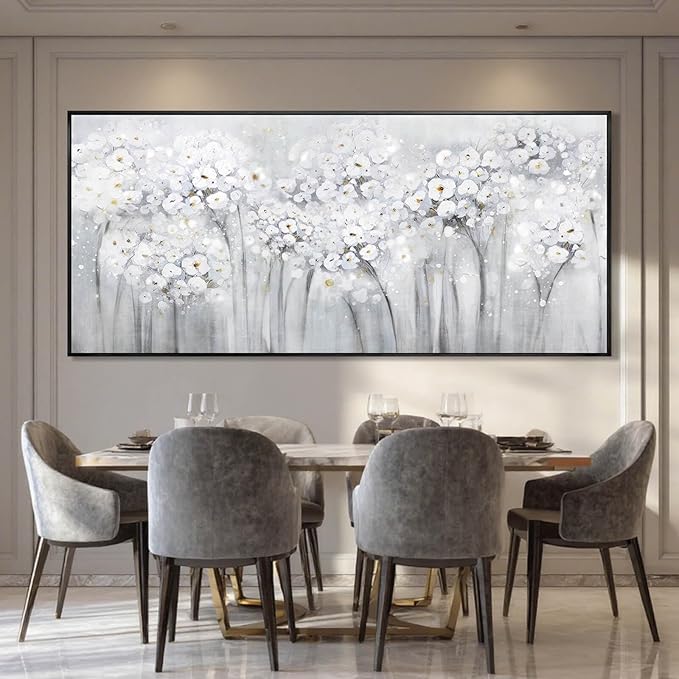 Flower Wood Wall Decor White Wall Art Textured Canvas Painting 32"x70" Decorative Pictures for Bedroom Kitchen Large Artwork