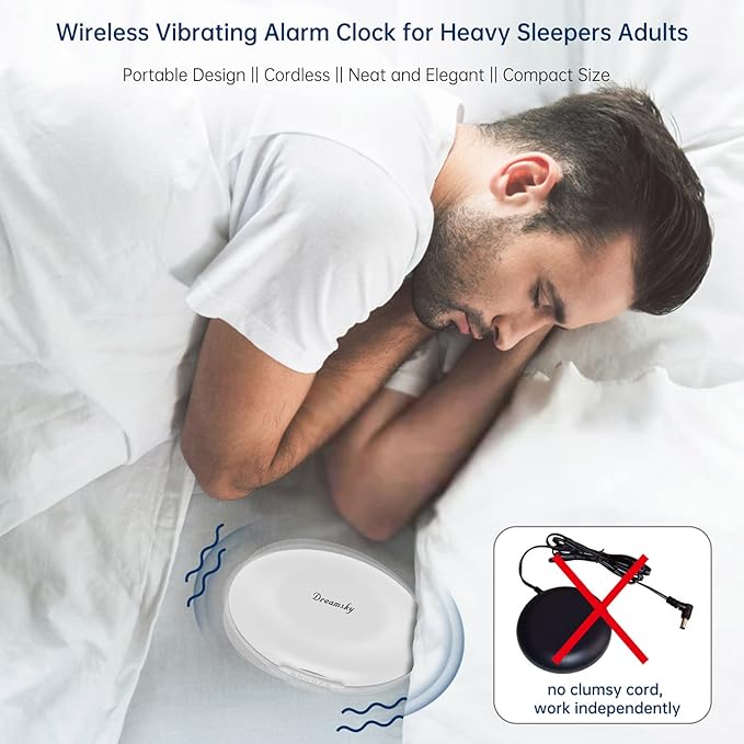 DreamSky Vibrating Alarm Clock for Heavy Sleepers - Auto Set Bed Shaker Alarm Clock Under Pillow for Hearing Impaired, Bedroom, Travel, Rechargeable Battery Operated, Cordless, Auto DST, LCD Backlight