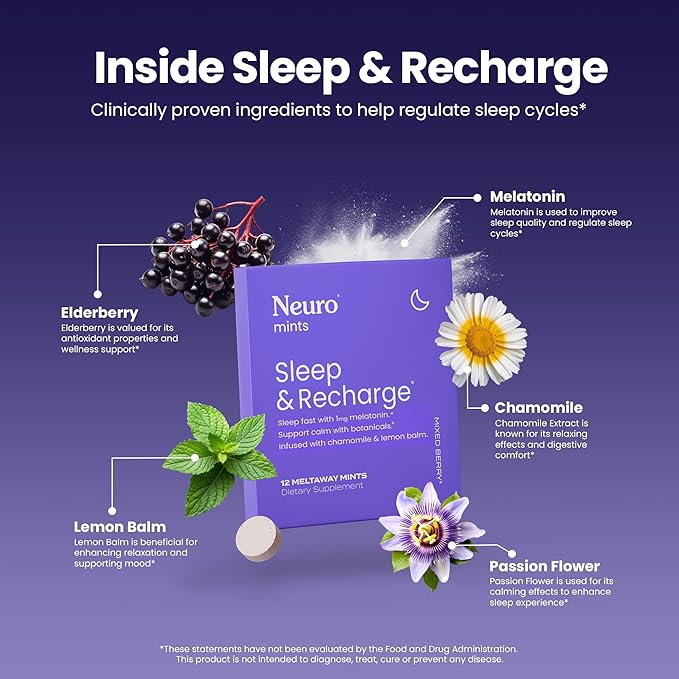Neuro Sleep & Recharge Meltaway Mints - Contains Melatonin 1 mg, Chamomile & Elderberry - Travel Aid for Nighttime Relaxation & Healthy Sleep Cycle - Mixed Berry, 72 ct