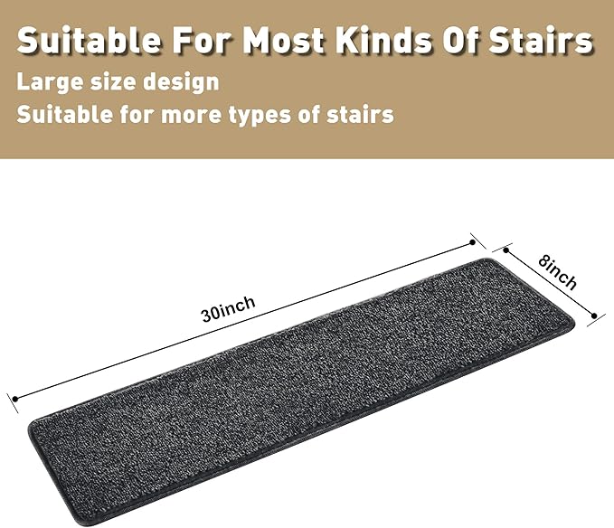 PURE ERA Carpet Stair Treads Tape Free Non Slip Indoor Stair Carpet Stair Protectors Pet-Friendly Non-Slip Skid Resistant Washable Reusable 8" x 30"(14 Pieces,Black)
