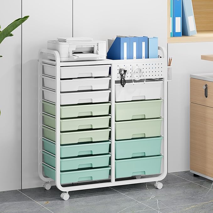 Rolling Storage Cart with 14 Drawers, Storage Organizer Cart with Tabletop and Pegboard,Utility Cart for Living Room, Classroom, Bedroom,Bathroom,Dorm,Office (Green)