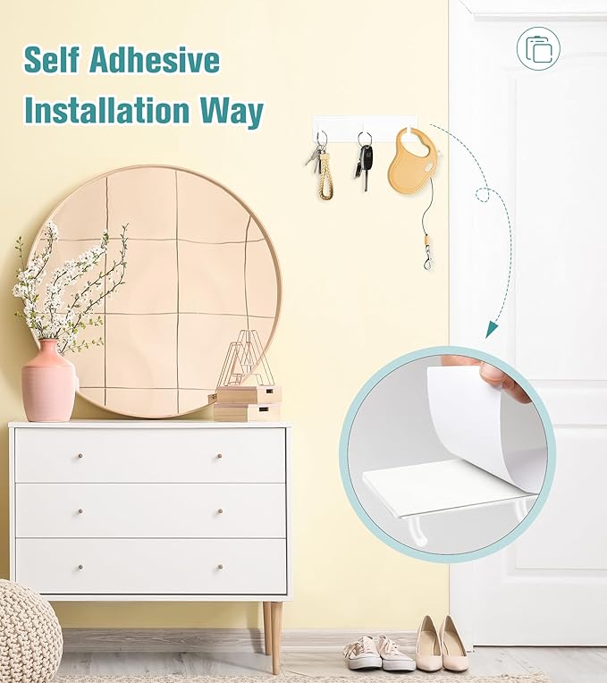 RELBRO Key Holder Wall Mount, Small Metal Self Adhesive Key Rack with 3 Hooks, 2 Installation Options, White
