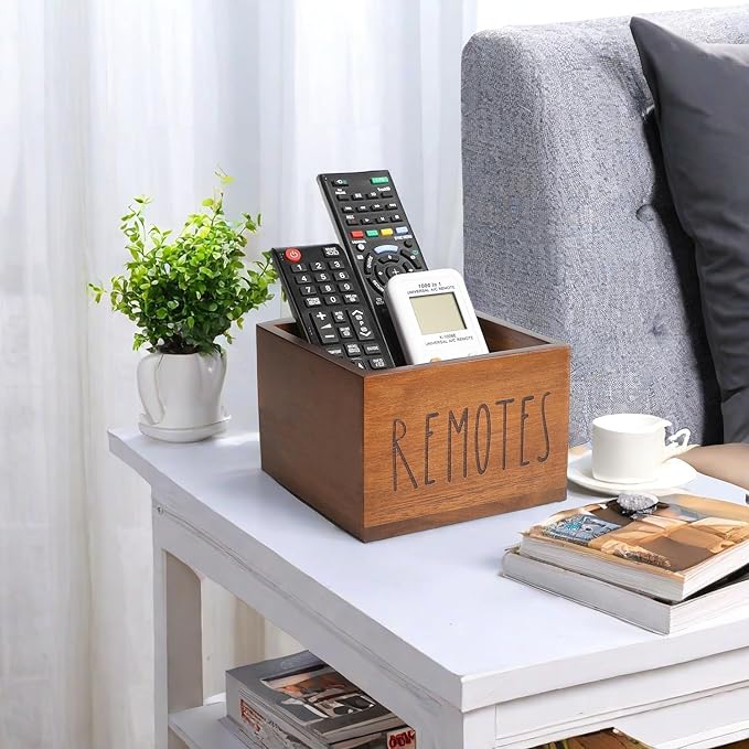 Acacia Wood Remote Holder, Control Organizer for TV - Home, Living Room, Bedroom - Wooden Remote Box (Brown, M, 3+ Remotes)