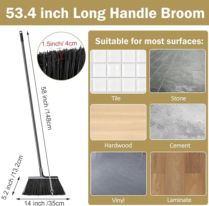 Roshtia 8 Pcs Heavy Duty Broom Set 58 Inch Outdoor Indoor Commercial Stiff Broom With Long Handle Angle Garage Concrete Outside for Sweeping Patio (Gray)