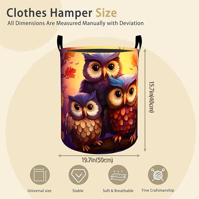 Cute Owl Laundry Basket Hamper for Boys Girls Kids Adults, Foldable Waterproof Oxford Clothes Storage Bin, Forest Animal Organizer for Bedroom Bathroom Room Decor 19.7"x15.8"