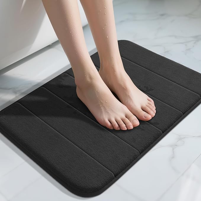 Yimobra Memory Foam Bath Mat, Super Soft Absorbent Bathroom Rug Non Slip, Quick Dry, Machine Washable Floor Carpet for Tub Shower, Home Decor Accessories, 24x17, Black