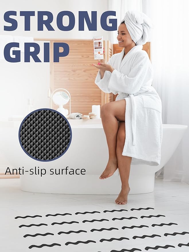 Anti Slip Shower Stickers, Adhesive Decals Safety Strips with Scraper for Bath Tub, Shower Floor, Stairs, 24 Pieces (Black)