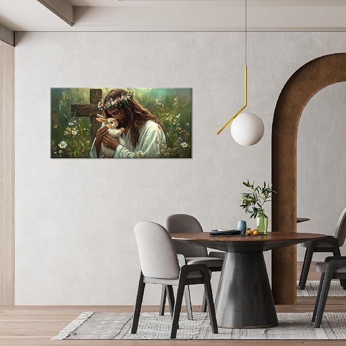 Green Jesus Love Wall Art for Bedroom Canvas Painting Prints GOD Embrace Rabbit Bunny Spiritual Faith Crucifix Cross Vintage Art Deco Spring Artwork Office Farmhouse Decor