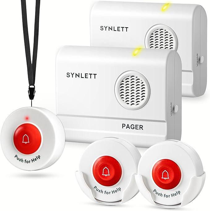 Caregiver Pager Wireless Nurse Call Button for Elderly Home Monitoring Alert System Portable Alarm Bell Seniors Patients Emergency 3 Call Buttons, 2 Pagers