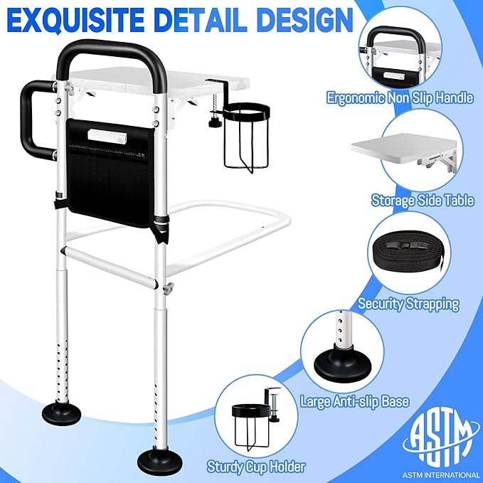 Bed Rails for Elderly Adults Safety with Foldable Tray, Adjustable Bed Assist Rails for Seniors with Motion Sensor Light & Cup Holder, ASTM Approved Bed Cane Bed Rail with 2 Handles & Pocket