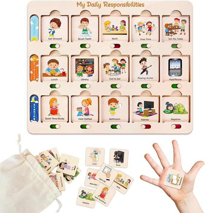 ABCxGOOD Wooden Visual Schedule for Kids Chore Chart, Morning Bedtime Daily Routine Chart for Toddlers, Autism Learning Materials for Homeschool Classroom,76 Wooden Cards.