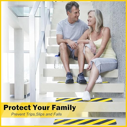 S&X S680 Anti Slip Stair Treads 6" x 24", 5-Pack Pre-Cut Black/Yellow Caution Non Slip Safety Tape Strips for Outdoor Stair Treads, Wooden Steps & Exterior Grips