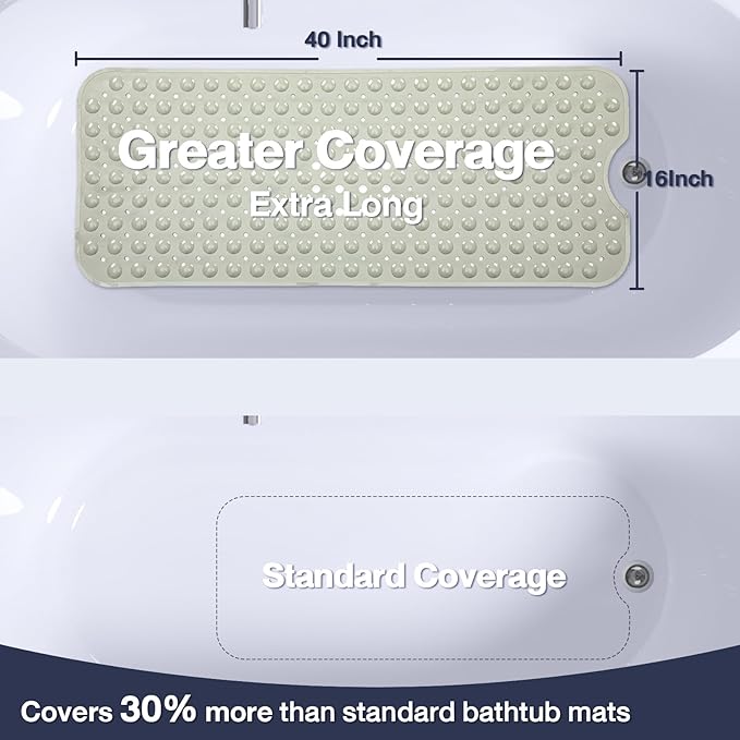 Extra Long Bathtub Mat Non Slip, Camel Soft Bath Mat for Tub 40 x 16 Inch Full Size, Bath Tub Shower Mats for Bathroom Floor with Big Suction Cups and Drain Holes, Easy Washable, BPA Free