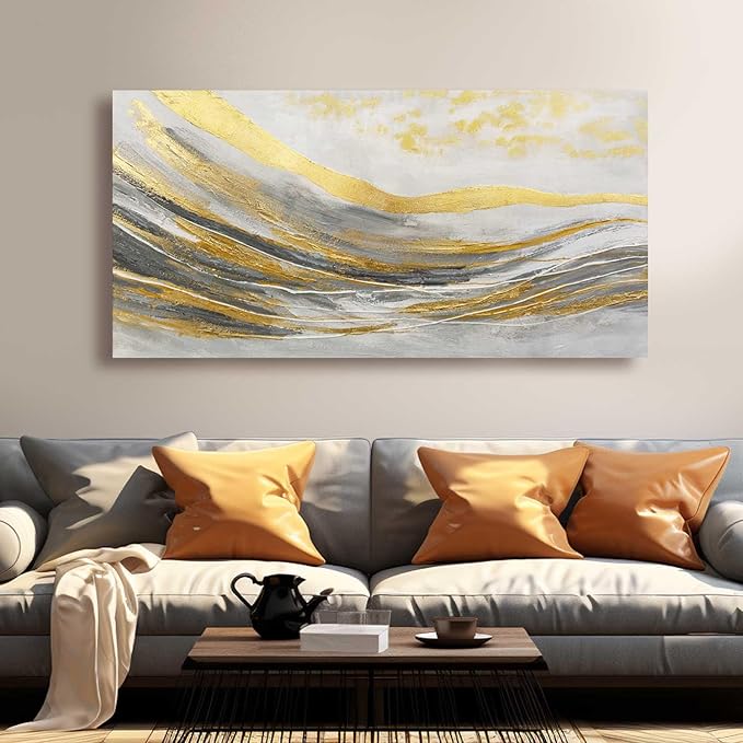 Artexist Abstract Line Wall Art Prints, Gold & Grey, 24"x48" Large Canvas Wall Pictures for Living Room, Bedroom, Office Decor