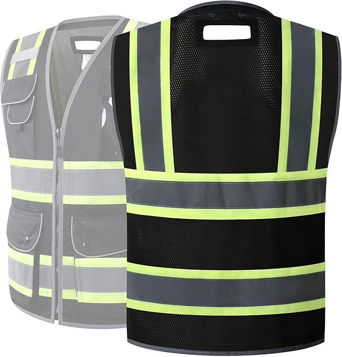 JKSafety 11 Pockets Hi-Vis Black Mesh Safety Vest for Men Women High Visibility Reflective Construction with Zipper Work Utility PPE Work Gear ANSI/ISEA compliant (102-Black 4XL)