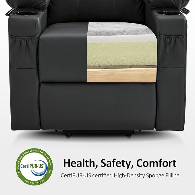 MCombo Power Lift Recliner Chair for Elderly, Lift Chair with Heat and Massage, FSC Certified, USB Ports, Cup Holders, Faux Leather 7141 (Black, Small)