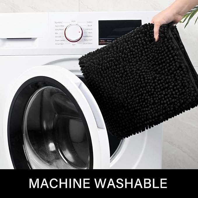 LOCHAS Luxury Bathroom Rug Shaggy Bath Mat 24 x 36 Inch, Washable Non Slip Bath Rugs for Bathroom Shower, Soft Plush Chenille Absorbent Carpets Mats, Black