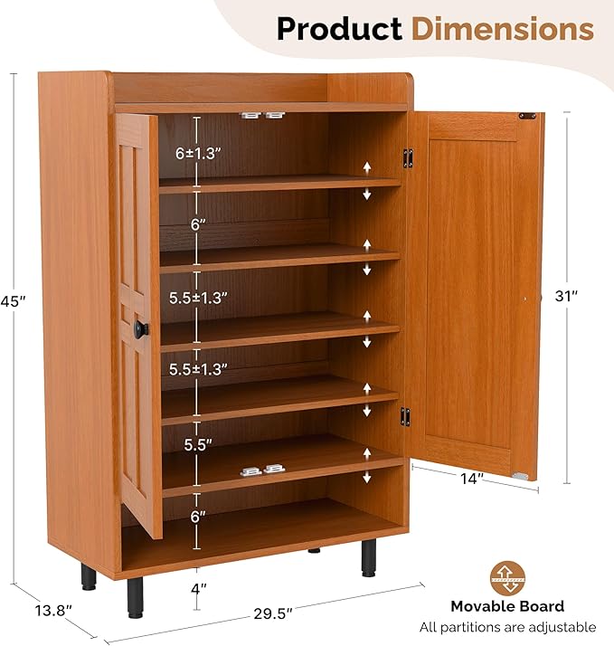 Entrance Shoe Cabinet with Doors,6-Tier Farmhouse Shoe Storage Organizer with Adjustable Shelves Holds 18-27 Pairs and Metal Legs, Entry Organizer Entryway, Living Room (Walnut)