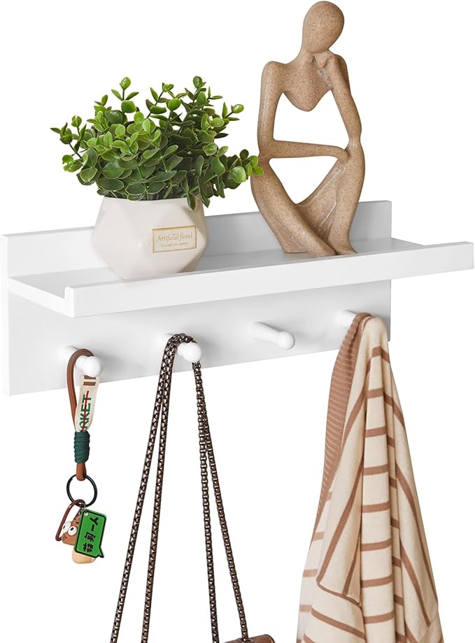 Wood Coat Hook with Wall-Mounted Shelf,15.75in Entryway Wall Hanging Shelf, for Bathroom, Kitchen, Coat Towel Key Organizer White YD-WS0240W