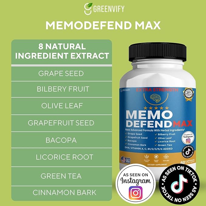 Memo Defend Max Memory Support Supplement, 60 Capsules, with Vitamins A C D E B Complex, DHA, Bacopa, Grapefruit Seed (3)