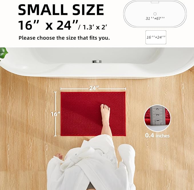 Christmas Bathroom Rugs Non Slip Washable, Super Absorbent Thin Bath Mat Small Quick Dry Low Pile Bathroom Rug, Red 16"x24"
