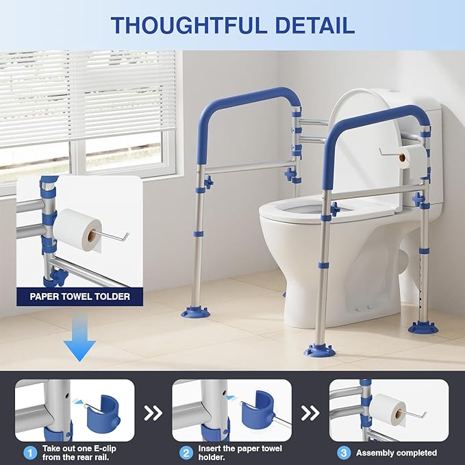 Foldable Toilet Safety Rails for Seniors - Adjustable Toilet Safety Frame & Toilet Handles for Elderly & Disabled, Fits Most Toilets, 350lb Capacity, Blue