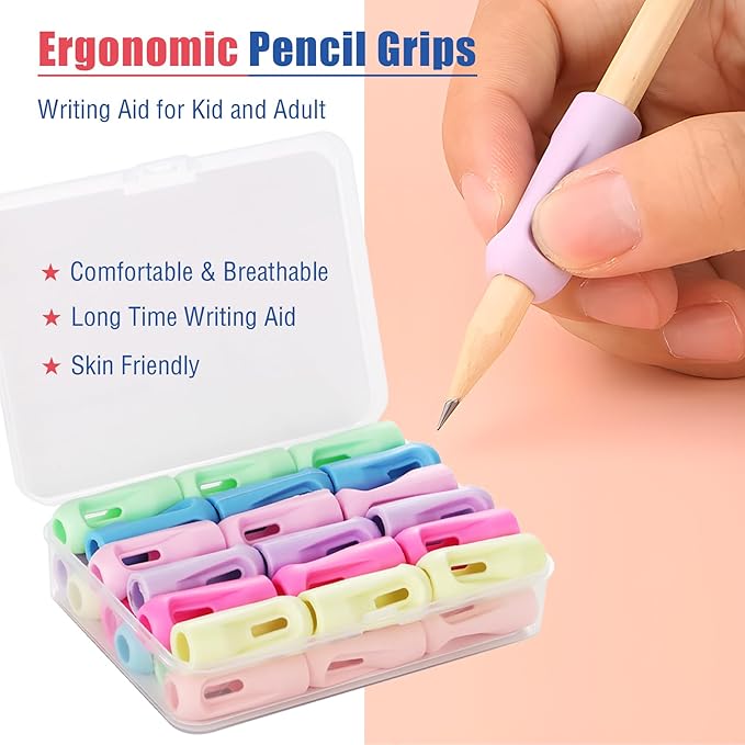 Ergonomic Pencil Grips 36 Packs with 8 Colors, Hollow Trigonal Pencil Holders for Kids Handwriting, Toddler Silicone Pencil Cushion Grippers, Gel Pen Grips for Adults Writing Aid