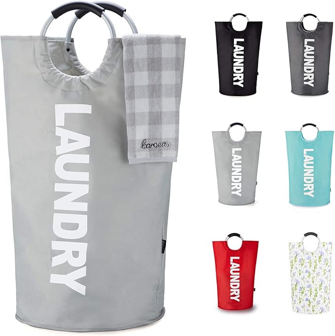 Caroeas 100L Laundry Basket,Large Laundry Hamper, Laundry Bag with Padded Handles, Clothes Hamper Stands Up Well, Collapsible Free Standing Easy Storage Washing Bin (Light Grey,100L)