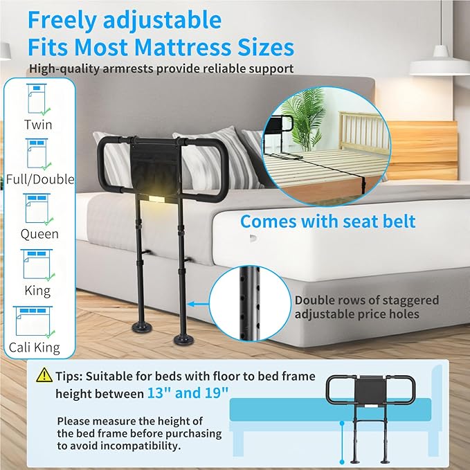 Bed Rails for Elderly Adults Safety - Adjustable Bed Side Rails with Support Leg, Bed Cane with Storage Bag and Motion Sensor Light, Fits Queen, King, Twin, Full, Supports up to 400lbs